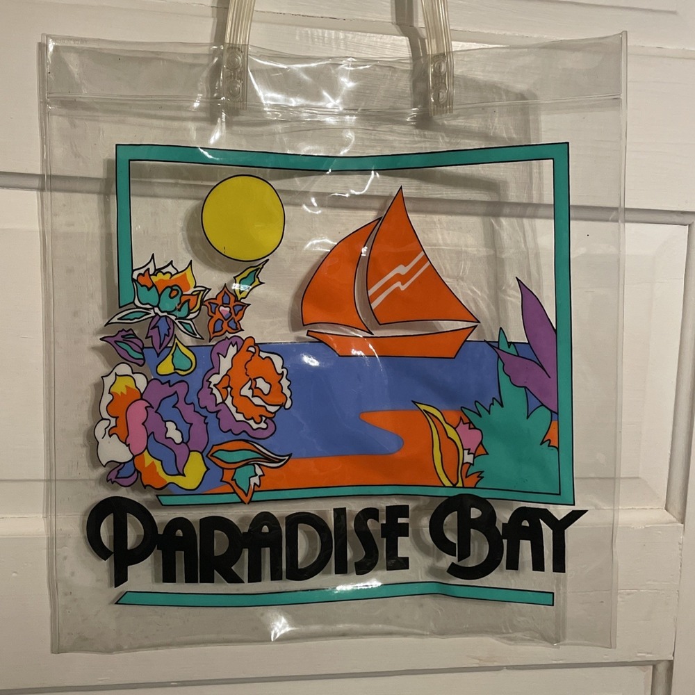 Vtg1970s Clear Vinyl Souvenir Beach Tote Bag Paradise Bay‎ Vibrant Retro Core